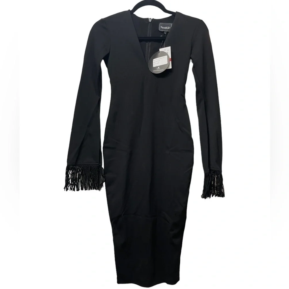 NOOKIE Iris Long Sleeve Black Midi Dress Size XS NWT Fringe Bell Sleeve